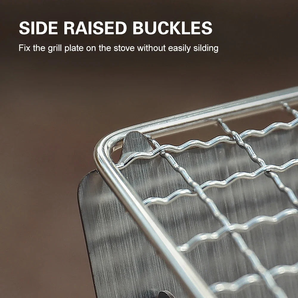 Camping wood-burning stove with grill plate close-up in brushed stainless steel on Tampa Home & Garden Store