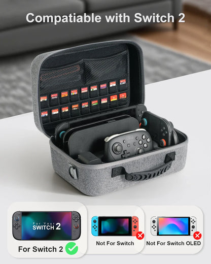 Switch 2 travel case gray fabric hard shell with mesh pockets and 24 cartridge slots on Tampa Home & Garden Store
