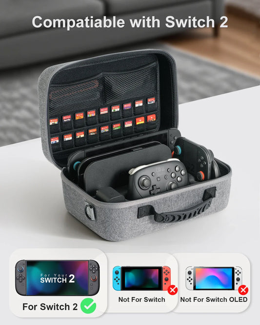 Switch 2 travel case gray fabric hard shell with mesh pockets and 24 cartridge slots on Tampa Home & Garden Store