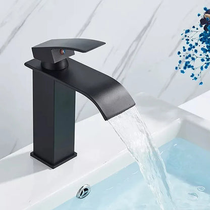 Black matte waterfall bathroom faucet with square column base and single lever for vessel sink on Tampa Home & Garden Store