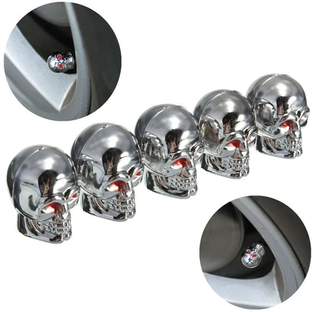 ABS Skull Valve Stem Caps chrome metal set of 5 with red eye accents by BikerZoneZ on Tampa Home & Garden Store