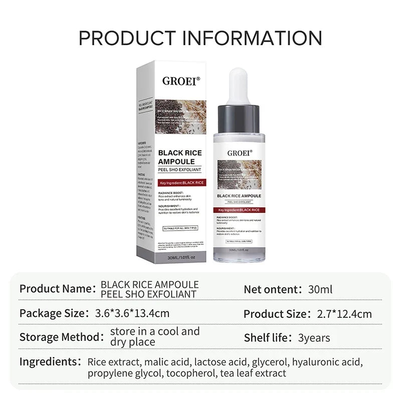 GROEI Black Rice Ampoule bottle and matching box with white bottle and brown label on Tampa Home & Garden Store