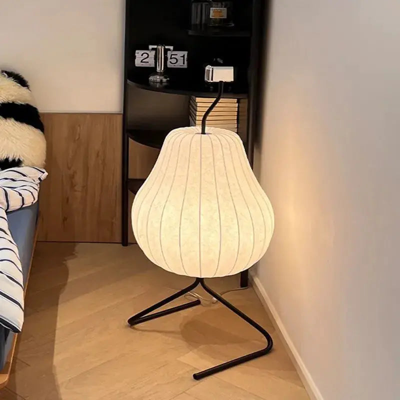 DecorBites Japanese Silk Floor Lamp cream pleated fabric shade on black tripod base LED on Tampa Home & Garden Store
