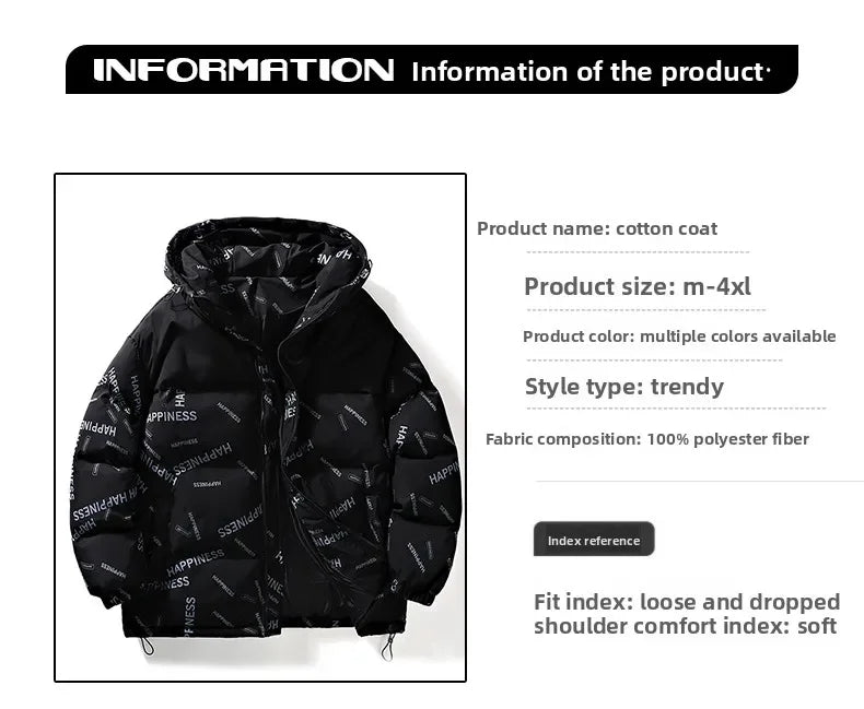 UpTrend Deals men's winter parka black cotton-padded hooded coat with happiness print on Tampa Home & Garden Store