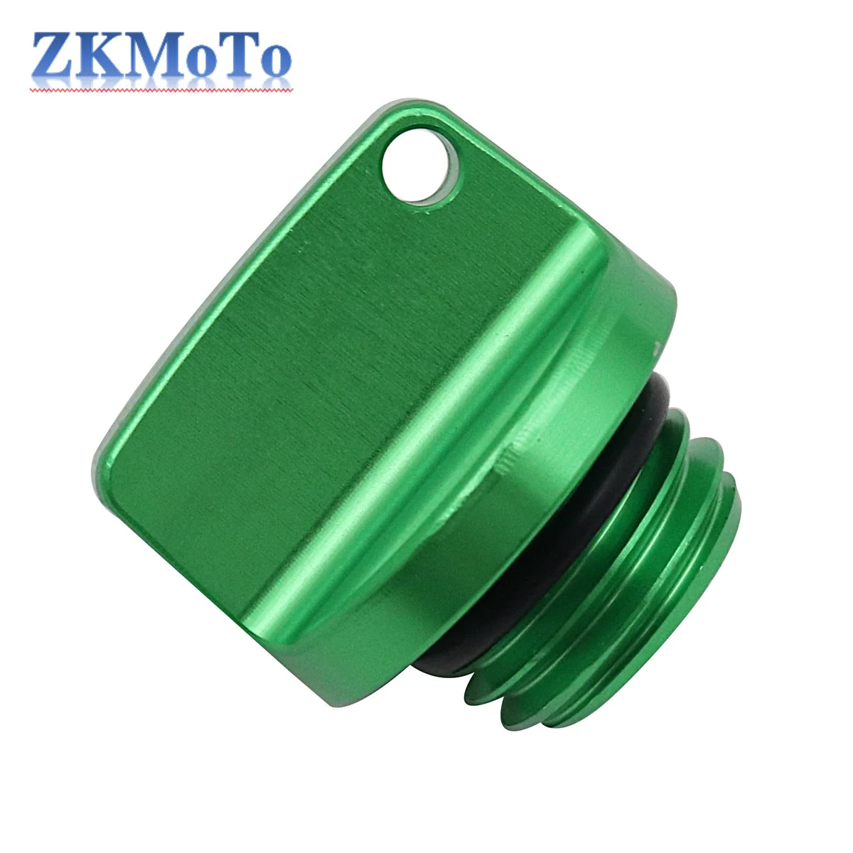 Green CNC aluminum motorcycle crankcase cap with threaded base and rubber seal ZKMoto logo on Tampa Home & Garden Store