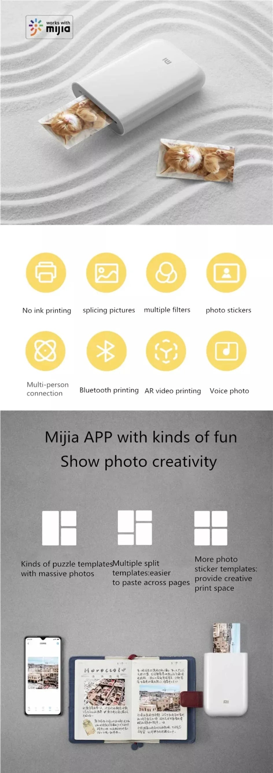 White portable mini photo printer printing cat photo; Mijia-compatible 300dpi pocket printer on Tampa Home & Garden Store