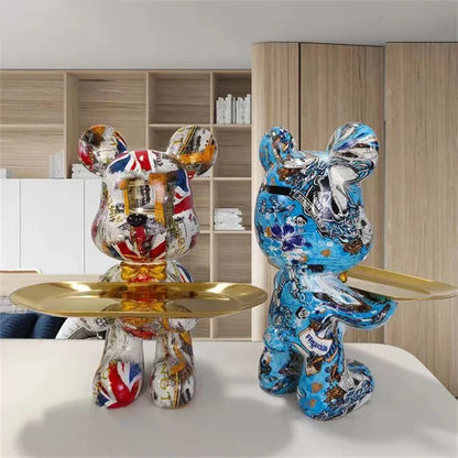 Perfecsy graffiti bear pair with gold plate trays, colorful urban art style decor statues on Tampa Home & Garden Store