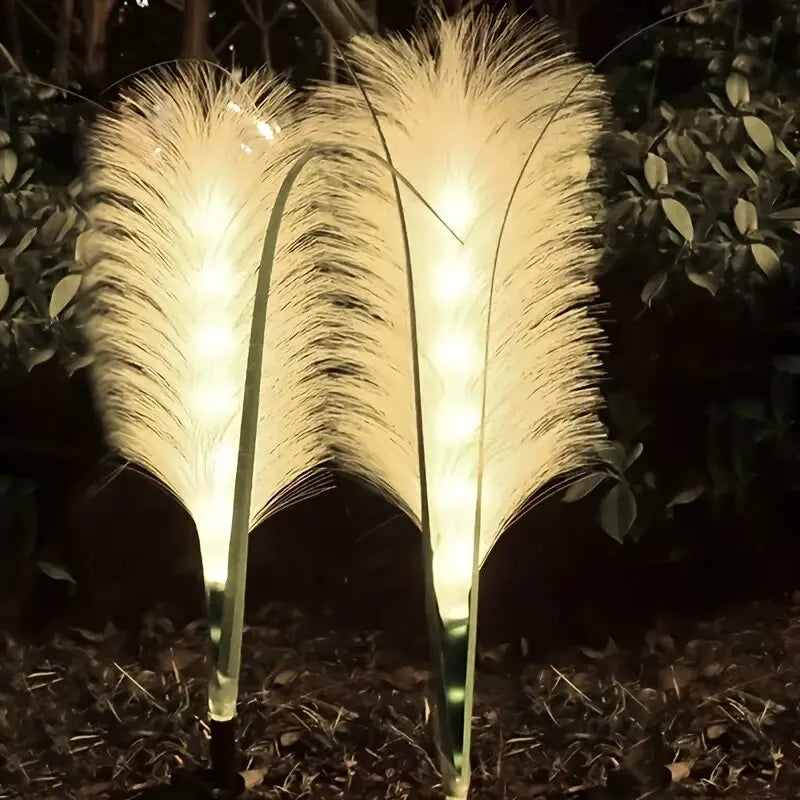 LED Solar Reed Lawn Lamp pair by Perfecsy with warm white glow for garden and path on Tampa Home & Garden Store