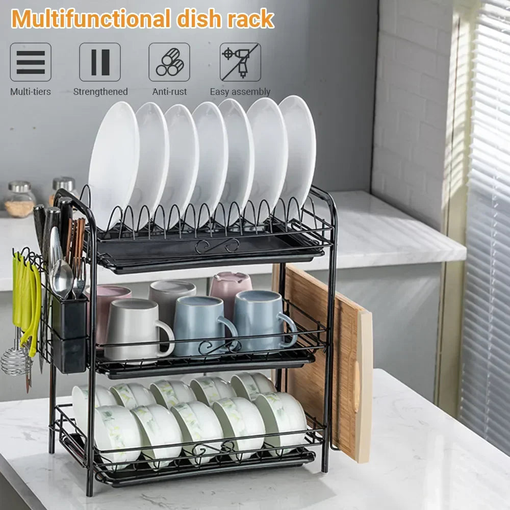 3-Tier Kitchen Drying Rack & Dish Organizer Shelf with Drain Board