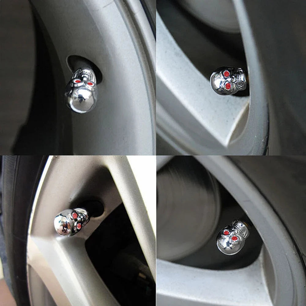 ABS Skull Valve Stem Caps by BikerZoneZ, chrome metal skulls with red eyes for wheel valves on Tampa Home & Garden Store