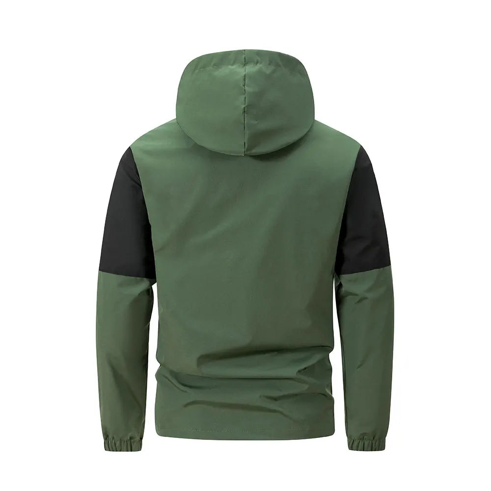 Men windproof hooded jacket, green body with black sleeve panels, back view on Tampa Home & Garden Store