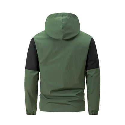 Men windproof hooded jacket, green body with black sleeve panels, back view on Tampa Home & Garden Store