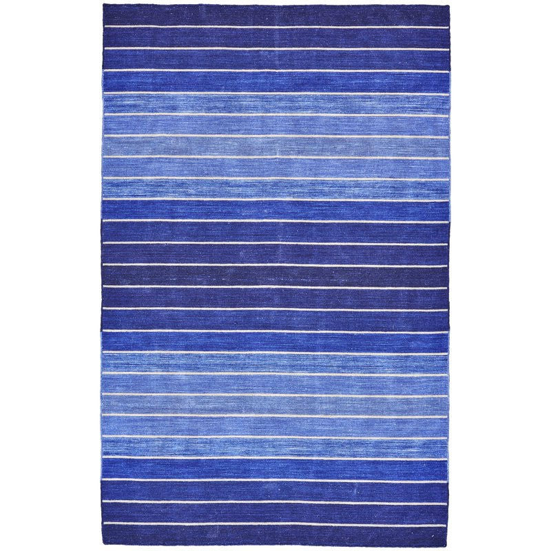Alfombra azul de 8' x 11' a rayas, tejida a mano de lana/algodón