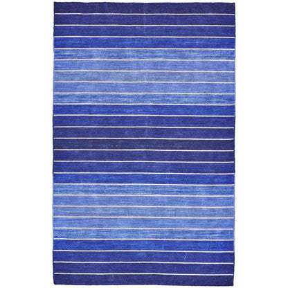 Alfombra azul de 8' x 11' a rayas, tejida a mano de lana/algodón