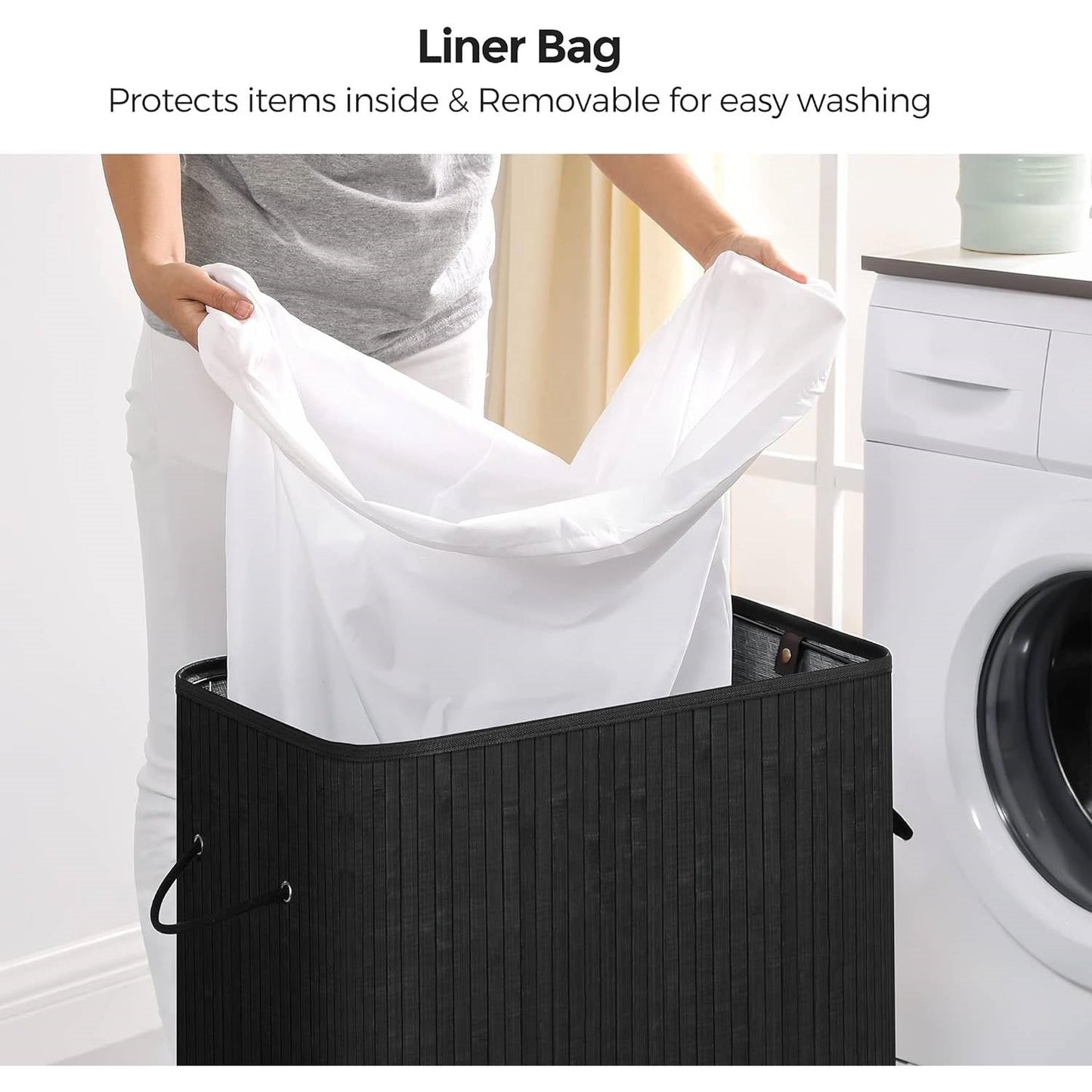Cesto para ropa sucia de bambú negro de 98 litros con bolsa de algodón extraíble y lavable