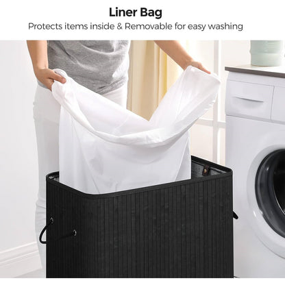 Cesto para ropa sucia de bambú negro de 98 litros con bolsa de algodón extraíble y lavable