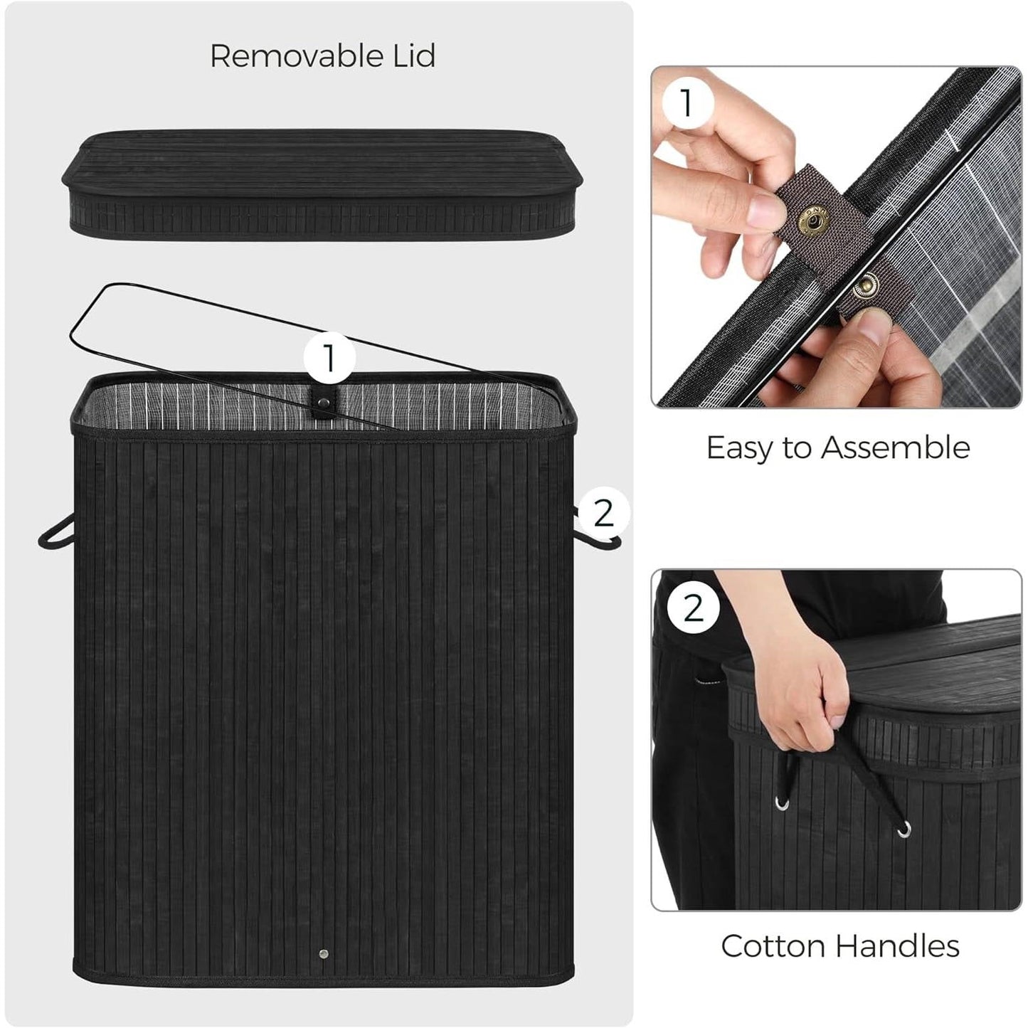 Cesto para ropa sucia de bambú negro de 98 litros con bolsa de algodón extraíble y lavable