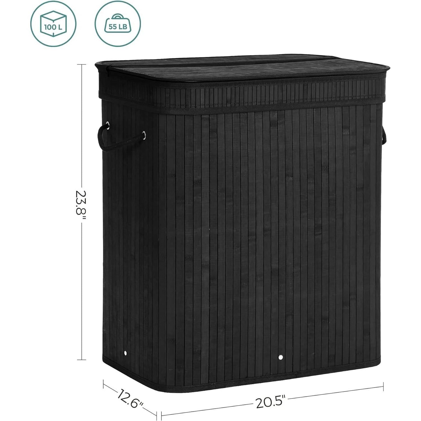 Cesto para ropa sucia de bambú negro de 98 litros con bolsa de algodón extraíble y lavable