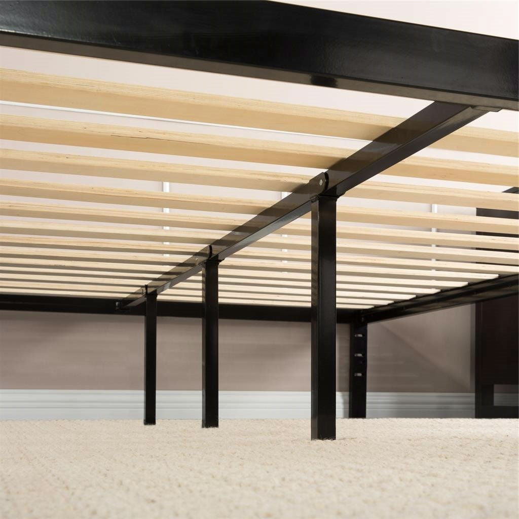 Base de cama de plataforma metálica negra de tamaño individual con listones de madera
