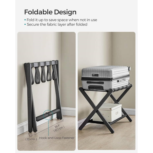 Sturdy Bamboo Luggage Rack in Black Wood Finish with Lower Storage Shelf - Tampa Home & Garden Store