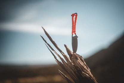 Ultralight Ridge Blade knife with orange paracord-wrapped handle and black blade in outdoor scene on Tampa Home & Garden Store