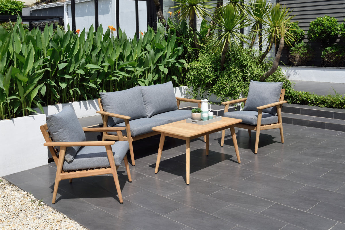 Eve FSC Teak Outdoor Conversation Set with Cushions, teak frame and grey cushions on Tampa Home & Garden Store