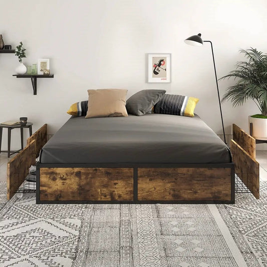 Queen metal wood platform bed frame with four drawers, dark wood panels and black metal accents on Tampa Home & Garden Store