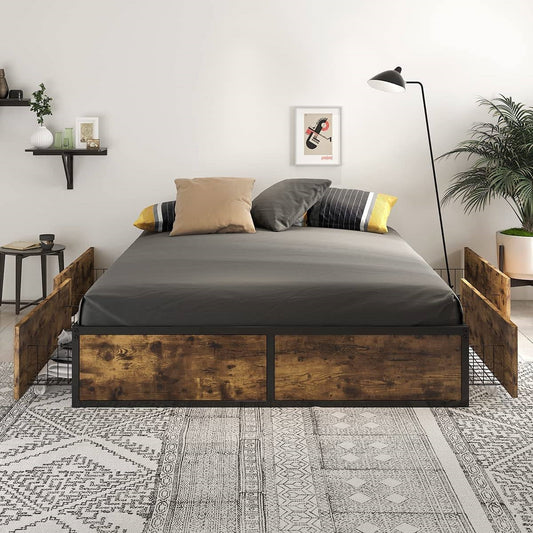 Queen Metal Wood Platform Bed Frame with 4 Storage Drawers - 800 lbs Max Weight - Tampa Home & Garden Store