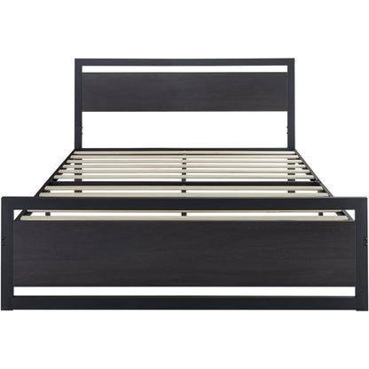 Base de cama de plataforma de metal negro completo con cabecero y piecero de paneles de madera