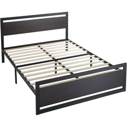 Full Black Metal Platform Bed Frame with Wood Panel Headboard and Footboard - Tampa Home & Garden Store