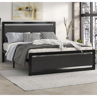 Base de cama de plataforma de metal negro completo con cabecero y piecero de paneles de madera