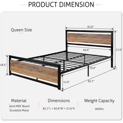 Base de cama de plataforma de metal completa con cabecero y pie de cama con panel de madera marrón