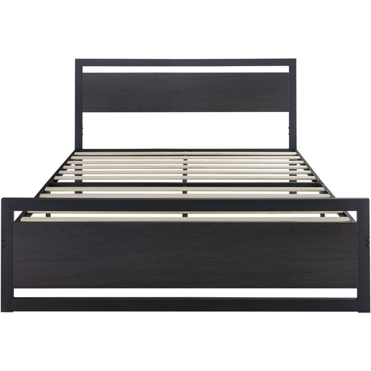 Queen Black Metal Platform Bed Frame with Wood Panel Headboard and Footboard - Tampa Home & Garden Store
