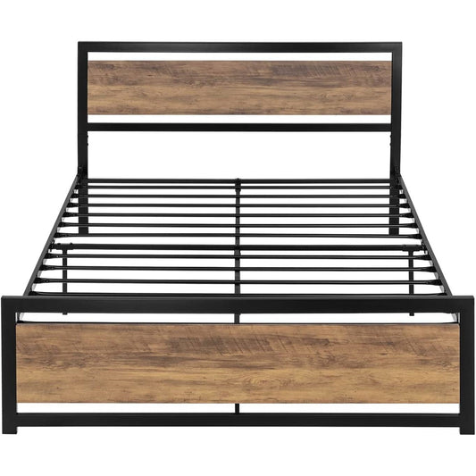 Queen Metal Platform Bed Frame with Brown Wood Panel Headboard and Footboard - Tampa Home & Garden Store