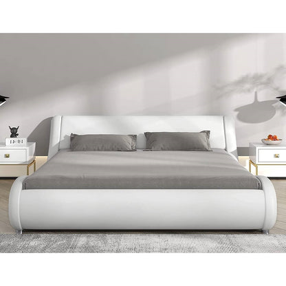 Base de cama tipo plataforma tapizada de piel sintética blanca moderna Queen con cabecero