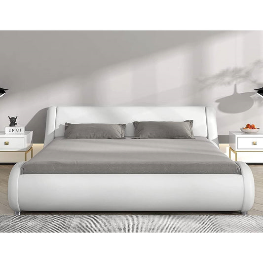 Queen Modern White Faux Leather Upholstered Platform Bed Frame with Headboard - Tampa Home & Garden Store