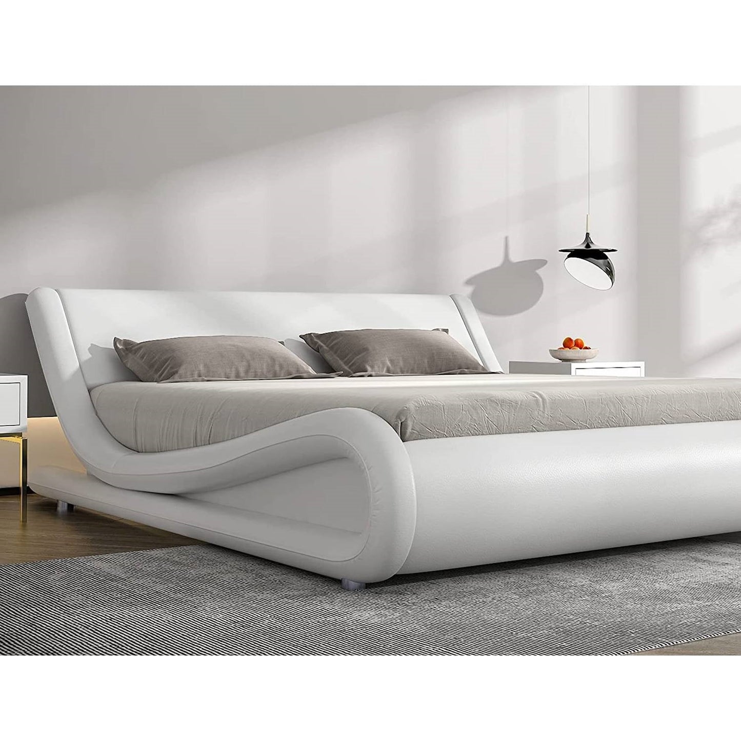 Base de cama tipo plataforma tapizada de piel sintética blanca moderna Queen con cabecero