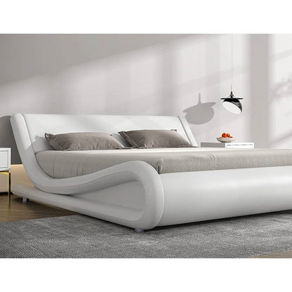 Base de cama tipo plataforma tapizada de piel sintética blanca moderna Queen con cabecero
