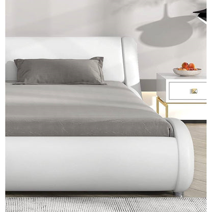 Base de cama tipo plataforma tapizada de piel sintética blanca moderna Queen con cabecero