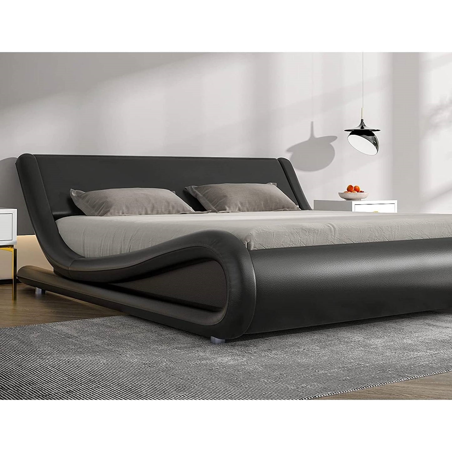 Base de cama tamaño Queen tapizada en piel sintética negra moderna con cabecero
