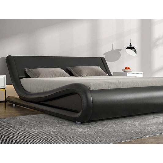 Queen Modern Black Faux Leather Upholstered Platform Bed Frame with Headboard - Tampa Home & Garden Store