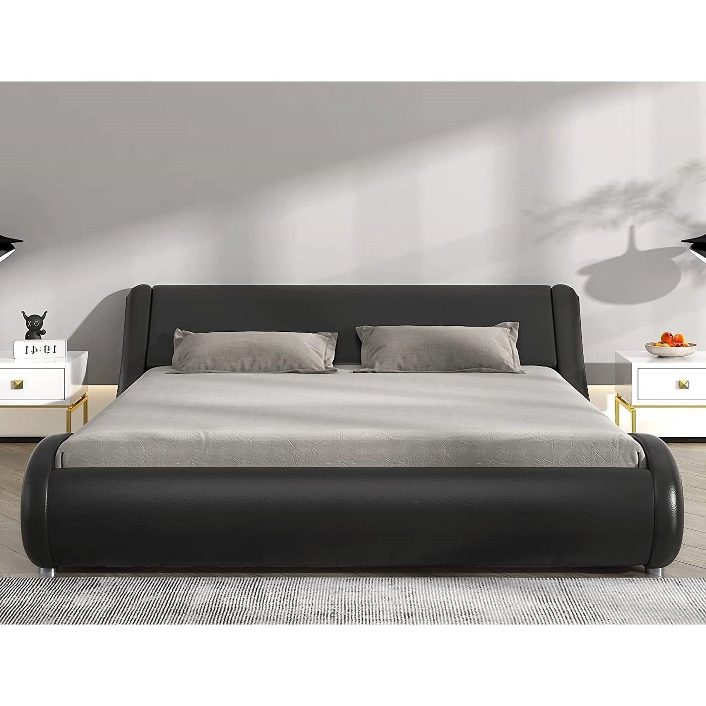 Base de cama tamaño Queen tapizada en piel sintética negra moderna con cabecero