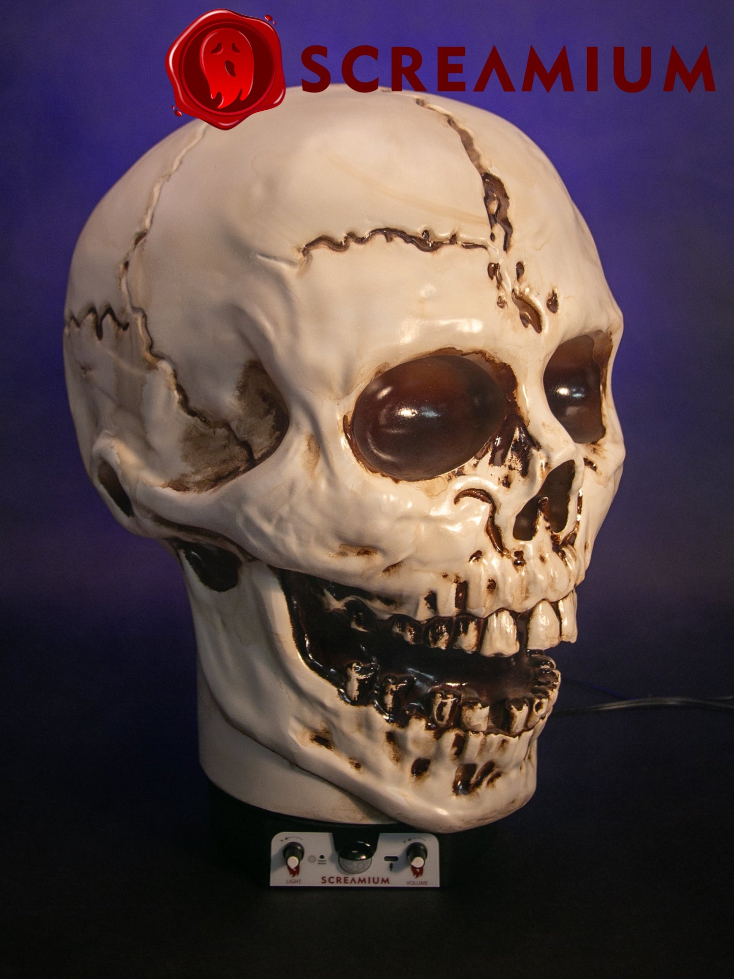Lámpara de utilería animatrónica con forma de calavera gigante de 50 cm de altura, de poliresina resistente, decoración de Halloween
