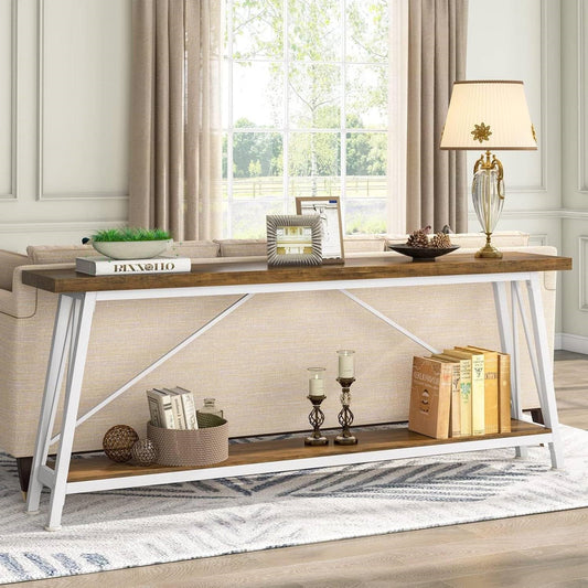 Heavy Duty 70-inch Industrial Brown Wood Top Sofa Table with White Metal Frame - Tampa Home & Garden Store