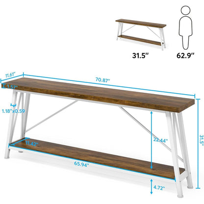 Heavy Duty 70-inch Industrial Brown Wood Top Sofa Table with White Metal Frame