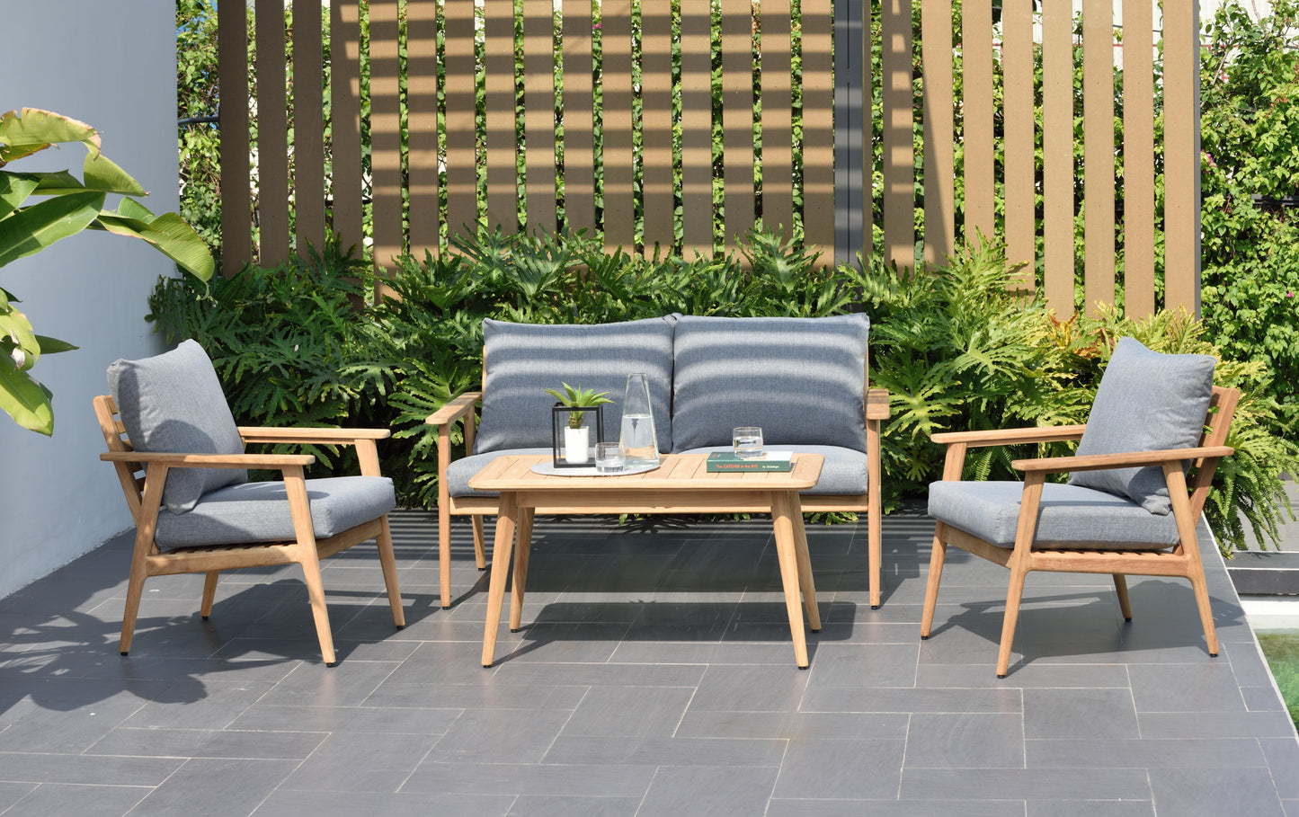 Eve FSC Teak Outdoor Conversation Set with Cushions, 3-piece teak patio, gray cushions on Tampa Home & Garden Store