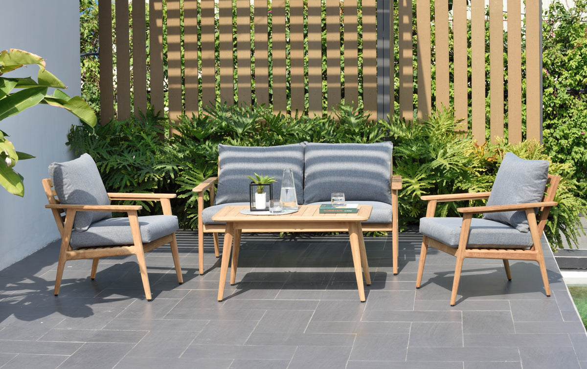 Eve FSC Teak Outdoor Conversation Set with Cushions, 3-piece teak patio, gray cushions on Tampa Home & Garden Store