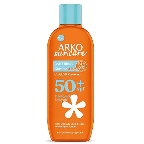 Arko Suncare SPF 50+ sunscreen bottle orange with turquoise cap waterproof non-greasy on Tampa Home & Garden Store