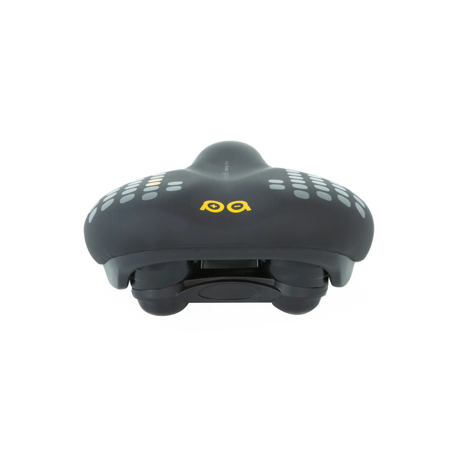 EUNORAU C7 bicycle saddle, black with gray dot pattern and yellow logo, close-up view on Tampa Home & Garden Store