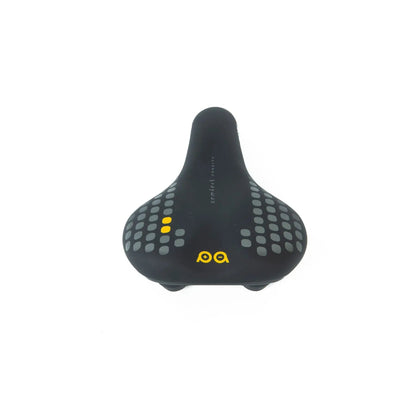 EUNORAU C7 bicycle saddle top view; black with gray dotted pattern and yellow accents on Tampa Home & Garden Store